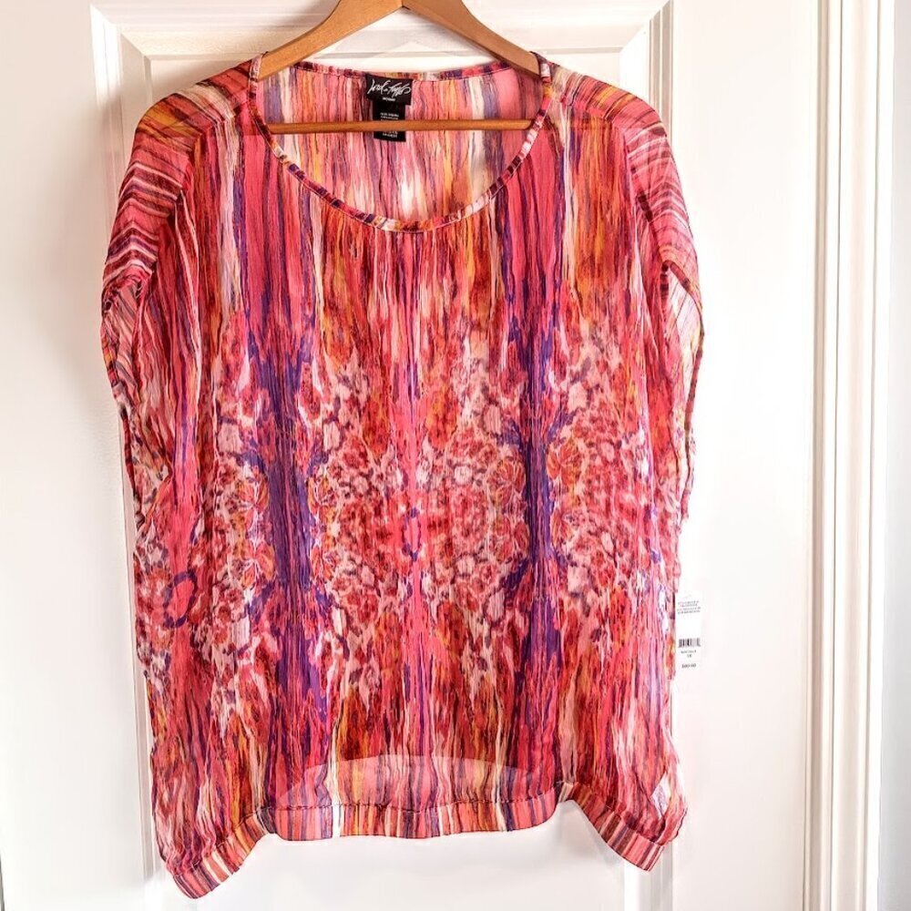 Lord & Taylor Woman Sheer Very Berry Abstract Print Top NWT